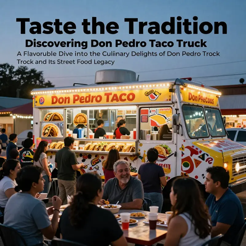 Don Pedro Taco Truck parked and vibrant at night, with enthusiastic customers enjoying their meals.
