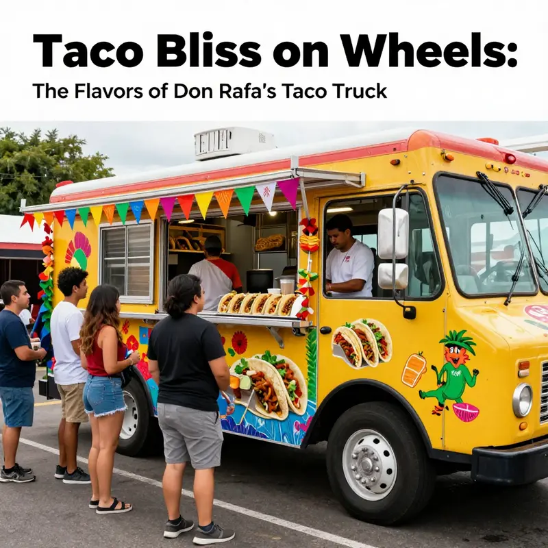 The exterior of Don Rafa's Taco Truck with customers enjoying their meals in a colorful setting.