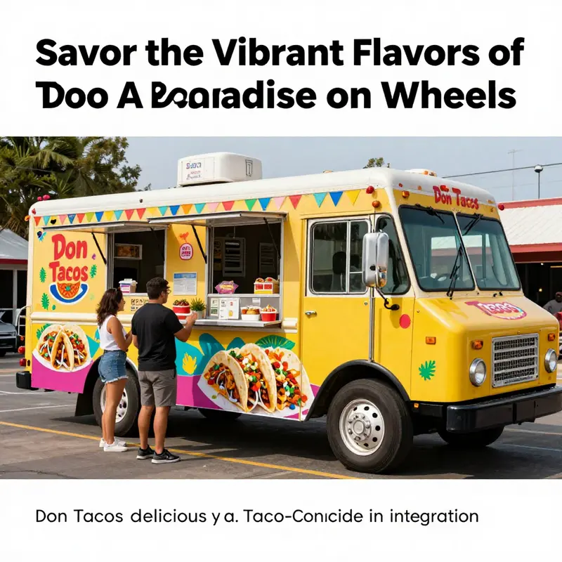 A bustling scene of the Don Tacos Mexican Food Truck, showcasing its colorful setup and delicious offerings.