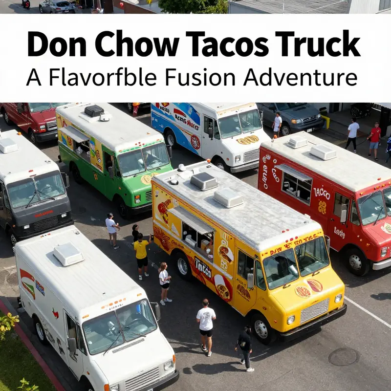 Aerial view of a gathering of colorful food trucks, focusing on the lively and innovative offerings of Don Chow Tacos Truck.