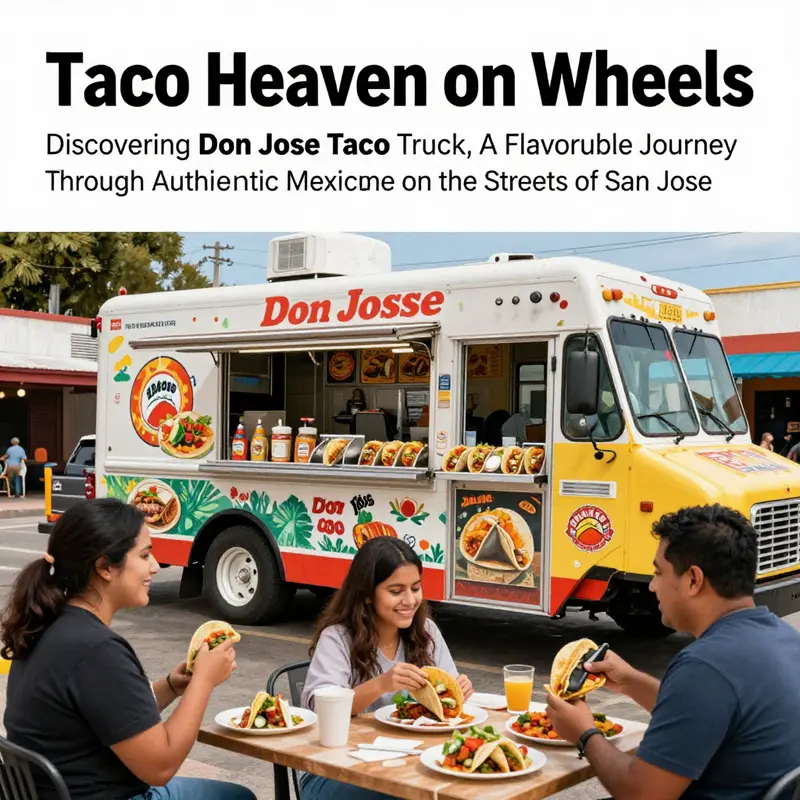 Don Jose Taco Truck with a display of tacos and happy customers in a sunny outdoor setting.