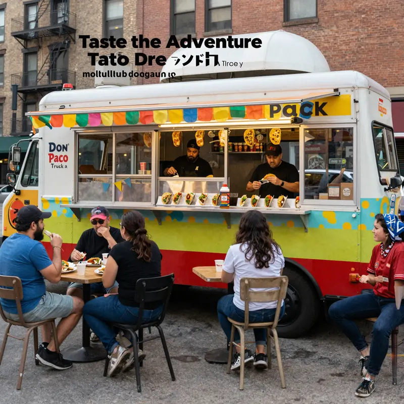 The Don Pepe Taco Truck parked in a lively street filled with people enjoying tacos and the vibrant food culture.