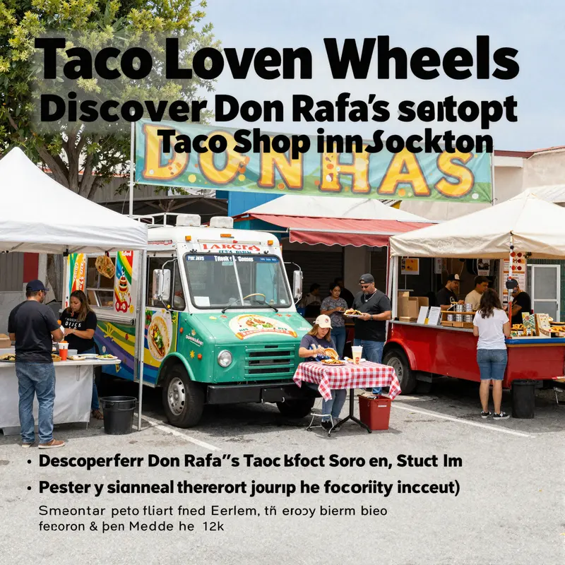A festive taco truck scene showing lively interactions, food, and the sense of community surrounding Don Rafa's Taco Shop.