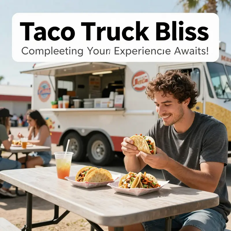 A vibrant taco truck with eager customers and a tempting menu showcases the excitement of ordering tacos.