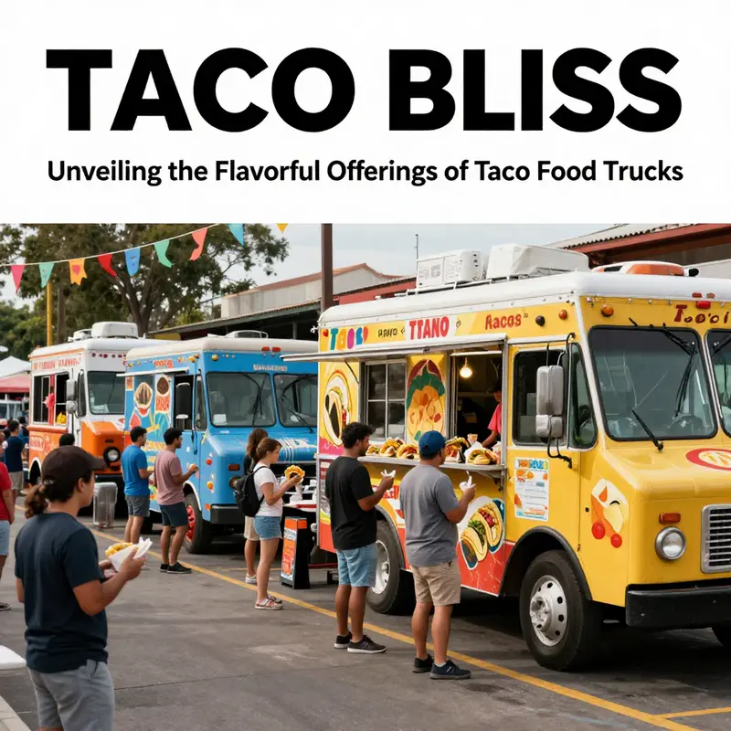 A bustling taco food truck event with multiple trucks serving diverse cuisine, surrounded by happy diners and a festive atmosphere.