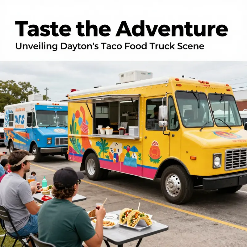 A vibrant taco food truck environment in Dayton, Ohio with multiple trucks and happy customers.