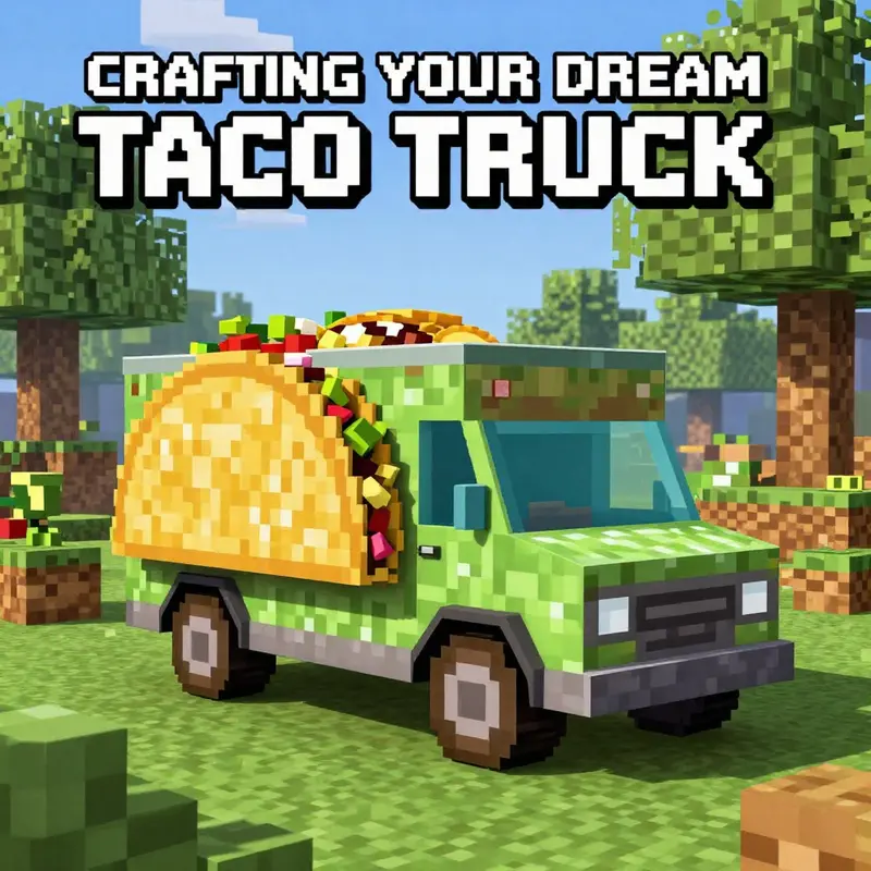 A vivid taco truck in a colorful Minecraft scene, representing creativity and culinary delight.