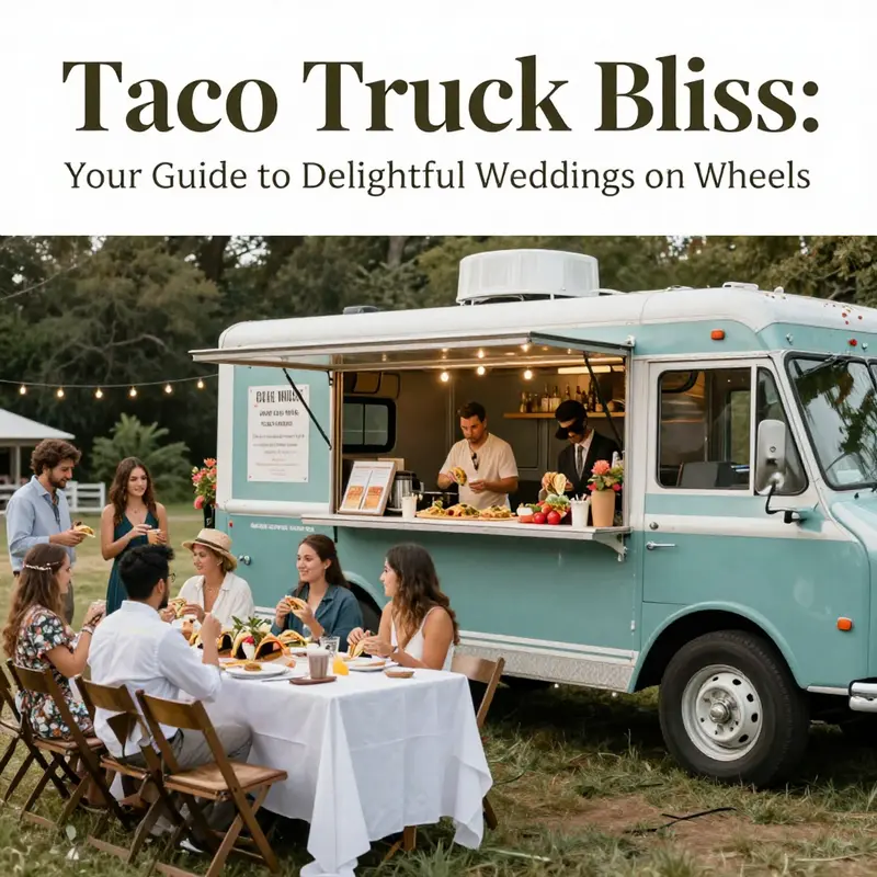 A lively wedding with guests eating tacos from a colorful taco truck.