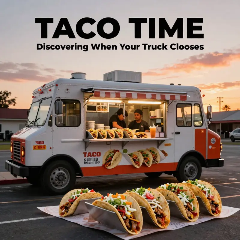 A taco truck with a variety of tacos being served, illuminated by the warm sunset.