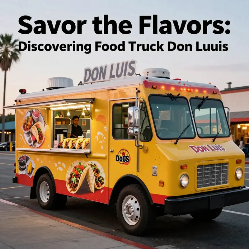 Food Truck Don Luis parked in Los Angeles at night, showcasing tacos and a lively atmosphere.