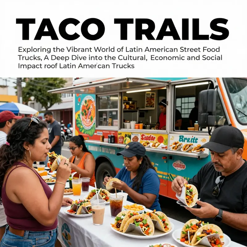 A colorful urban food truck scene with people enjoying Latin American street tacos.