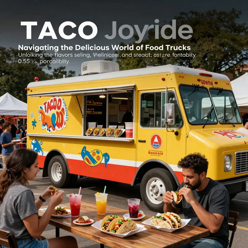 A colorful food truck at a bustling urban festival with joyful customers happily indulging in tacos, burritos, and refreshing beverages.
