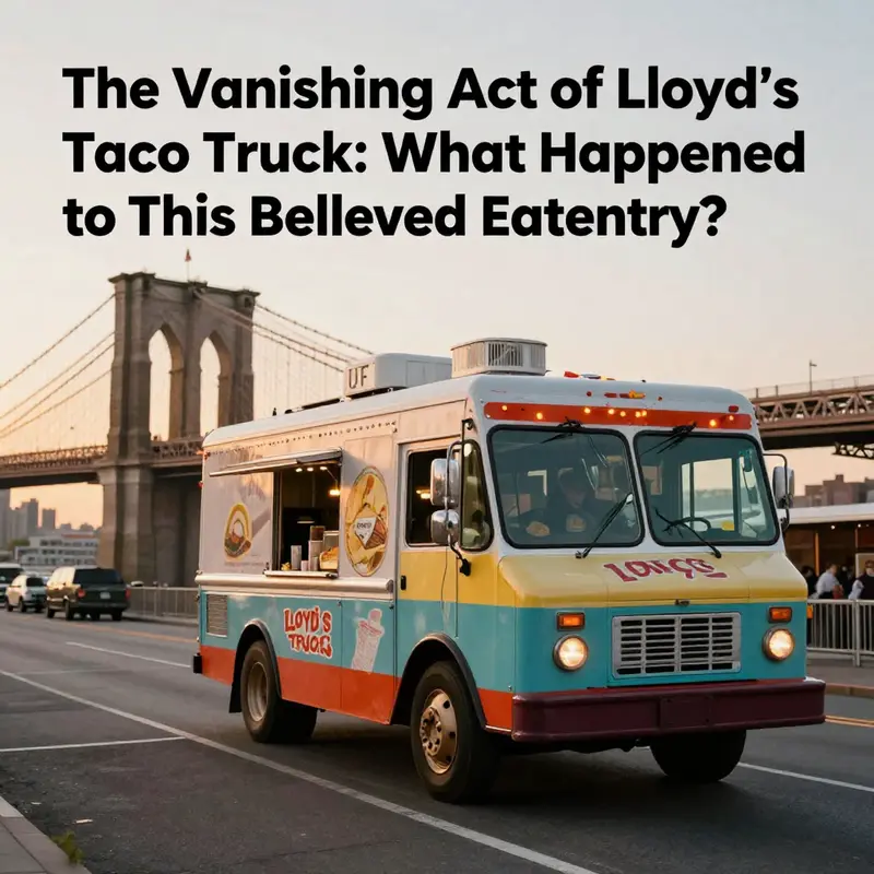 A taco truck driving away under the Brooklyn Bridge, representing the nostalgia of Lloyd's Taco Truck.
