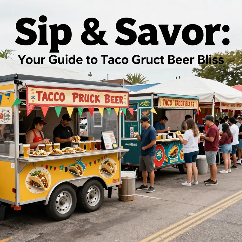 The energetic scene of a taco truck serving delicious tacos alongside refreshing beers, capturing the essence of food and drink together.