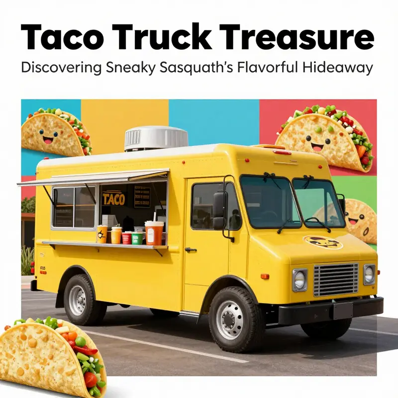 An illustration showing the Taco Truck in Sneaky Sasquatch, filled with vibrant colors and game characters enjoying tacos.