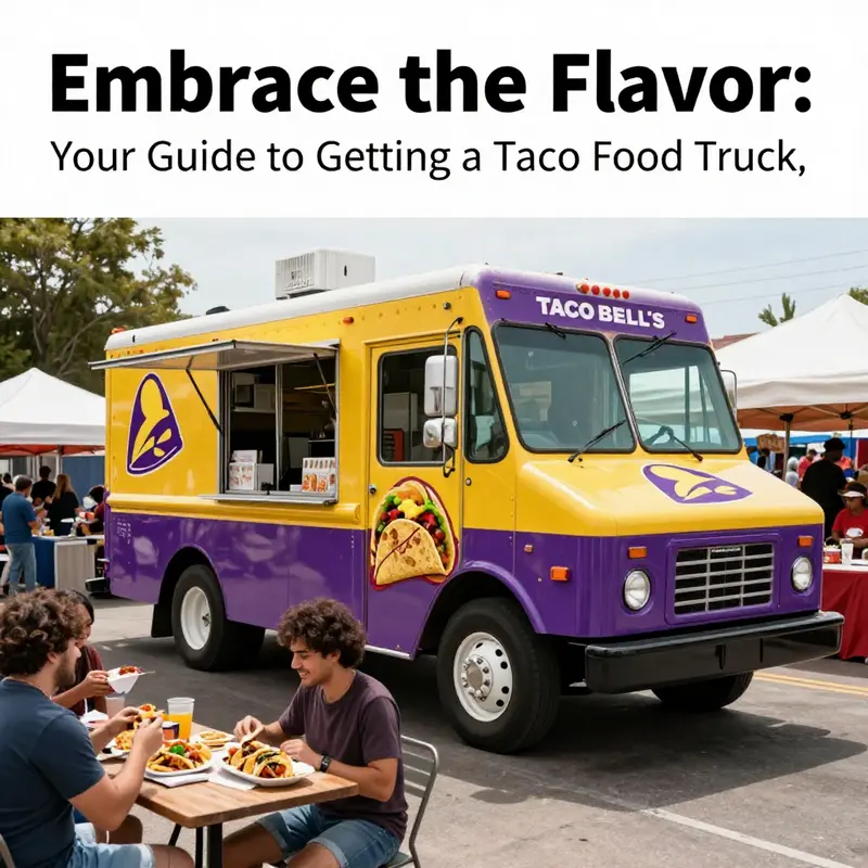 A colorful Taco Bell food truck at a street fair, filled with excited customers enjoying a range of Taco Bell offerings.