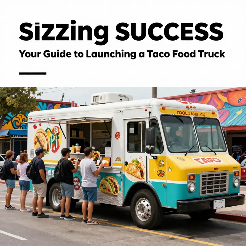 A lively taco food truck scene at a busy street corner, with customers in line and colorful street art in the background.