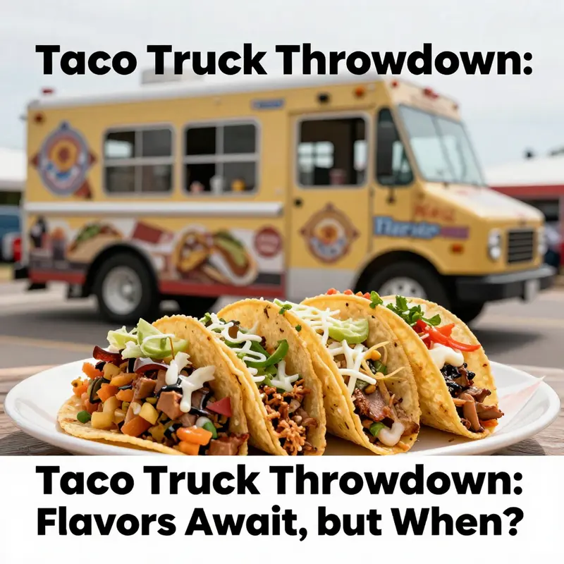 A beautifully presented taco on a plate, highlighting its fresh toppings, with a taco truck seen in a lively setting in the background.