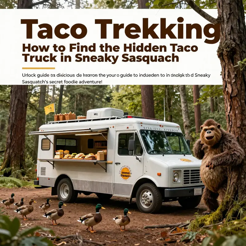 A colorful taco truck in a forest environment with ducks and a Sasquatch, representing the hidden adventure.