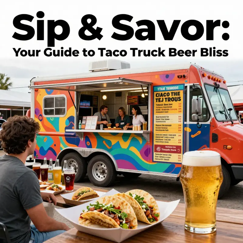 A colorful taco truck with customers enjoying tacos and beer, representing the fusion of flavors.