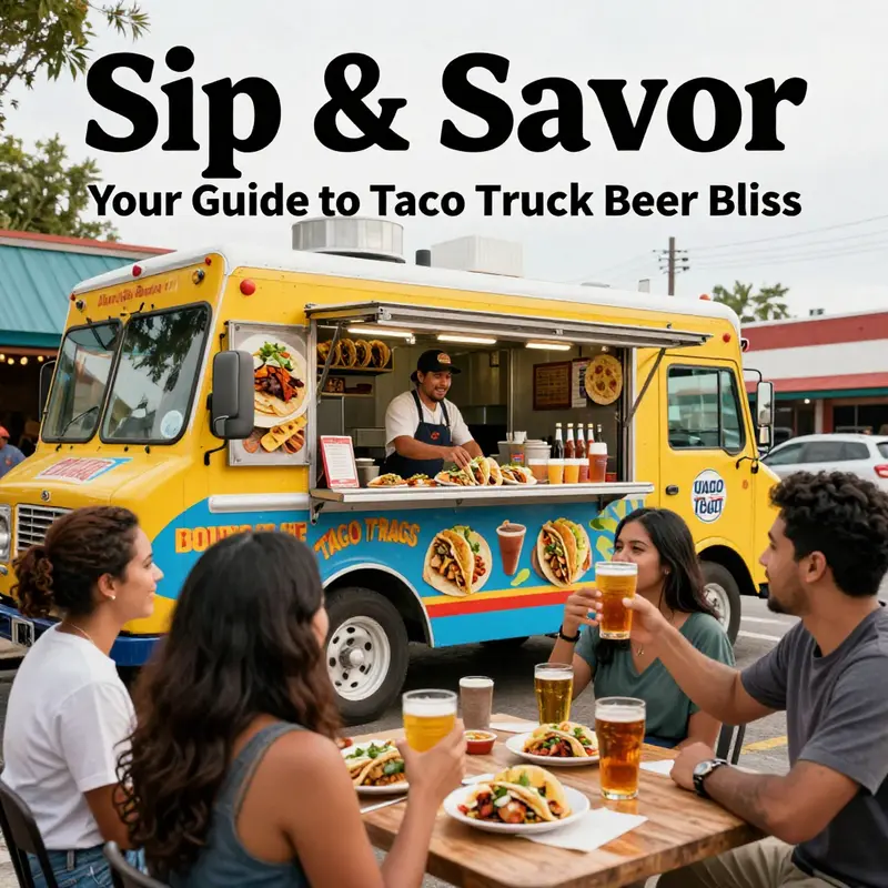 The energetic scene of a taco truck serving delicious tacos alongside refreshing beers, capturing the essence of food and drink together.