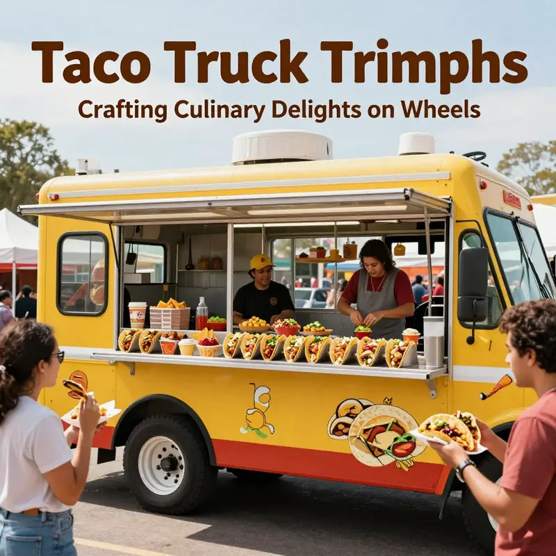 A lively taco truck showcasing a variety of unique taco creations tailored for diverse tastes.