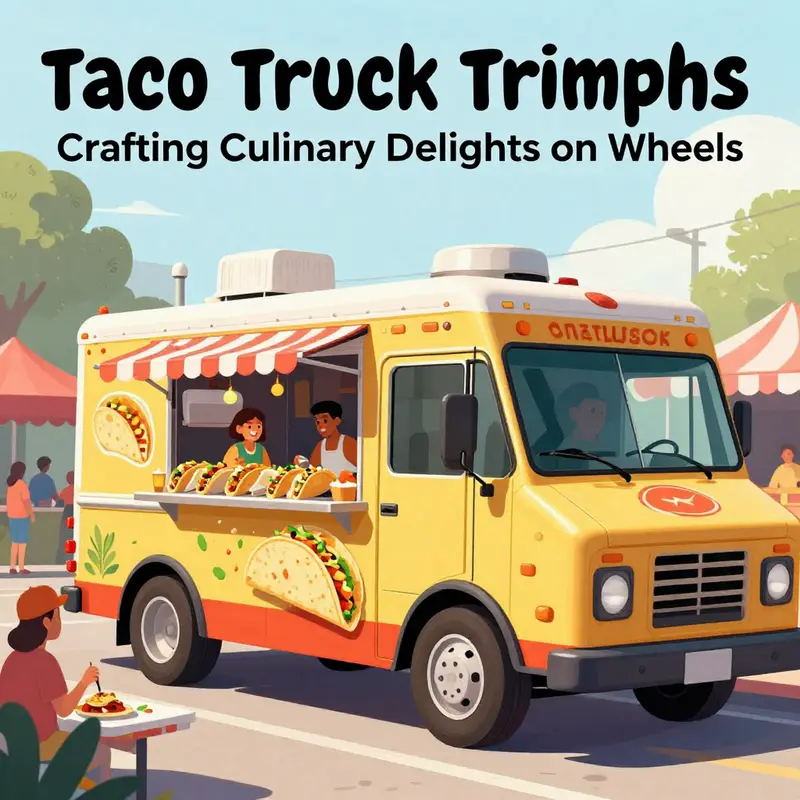 An engaging illustration of a taco truck serving delicious tacos, with cheerful customers and a festive background.