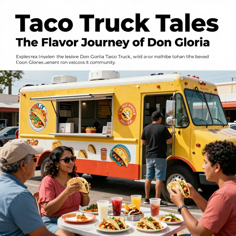 A vibrant food truck with customers eagerly enjoying tacos on a sunny day.