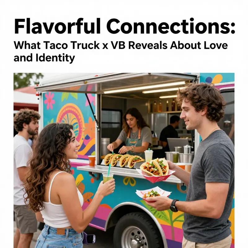 A vibrant taco truck with happy customers enjoying delicious tacos in a lively atmosphere.