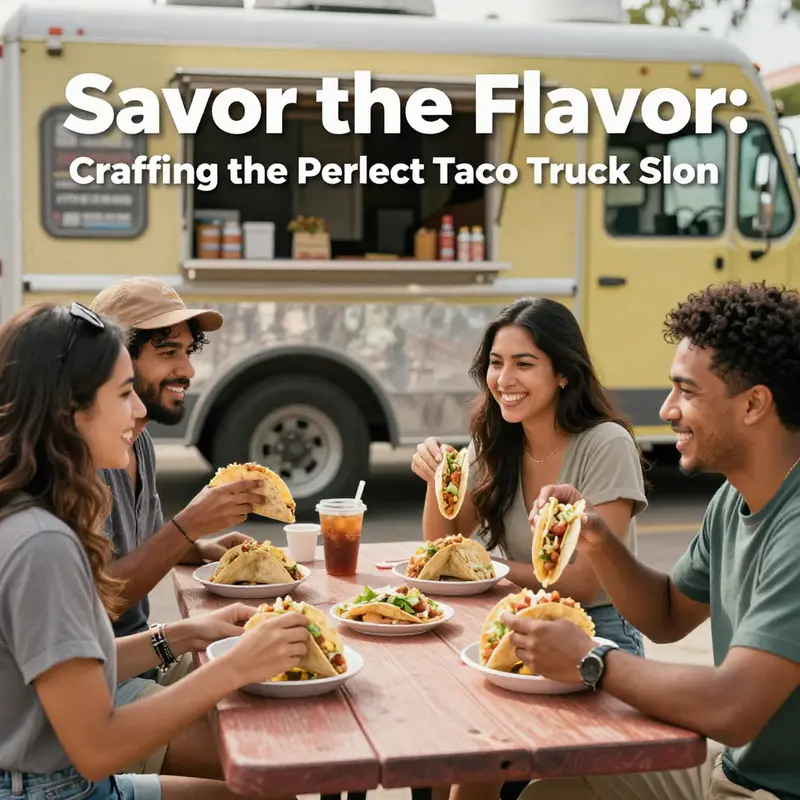 A brainstorming session dedicated to developing a catchy slogan for a taco truck.