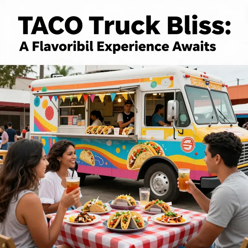 A lively taco truck scene with customers savoring tacos in a festive atmosphere.
