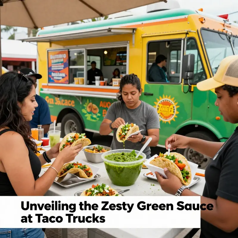 Crowd at a taco truck enjoying tacos with a focus on fresh salsa verde.
