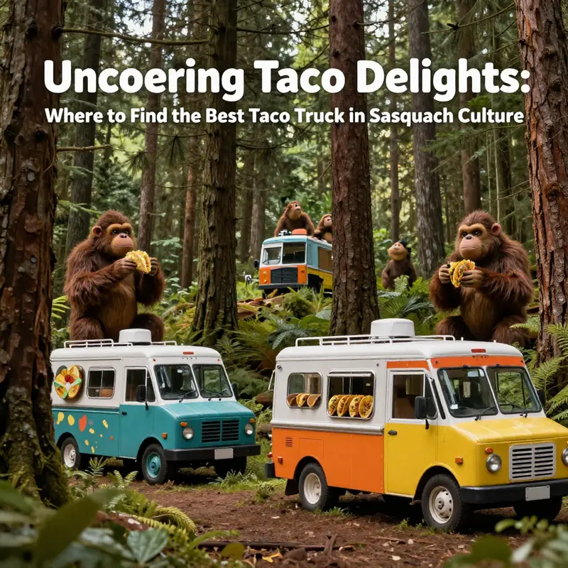 Imagining taco trucks blending with Sasquatch legends in a whimsical forest setting.