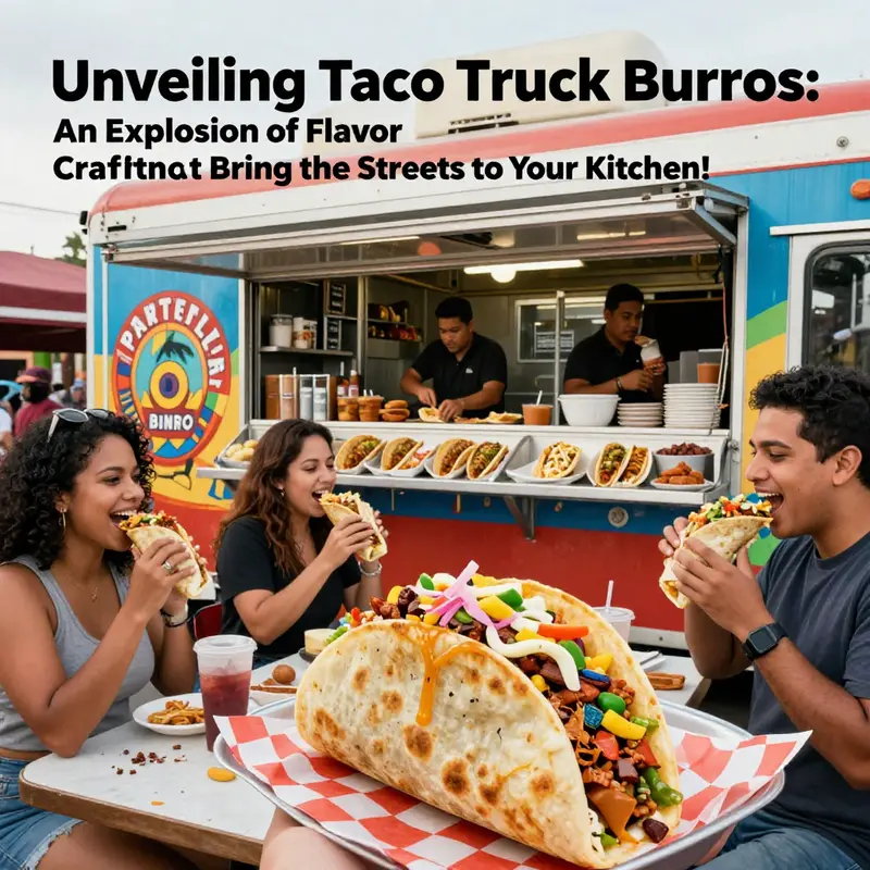A bustling taco truck with fresh burritos and joyful customers enjoying street food.