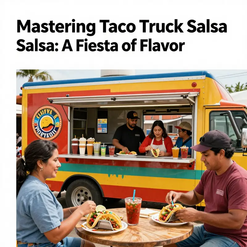 A bustling taco truck scene filled with people enjoying tacos and salsa.
