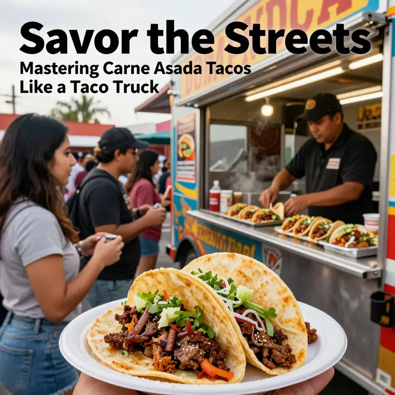 A busy taco truck serving carne asada tacos with customers lined up, embodying the street taco culture.
