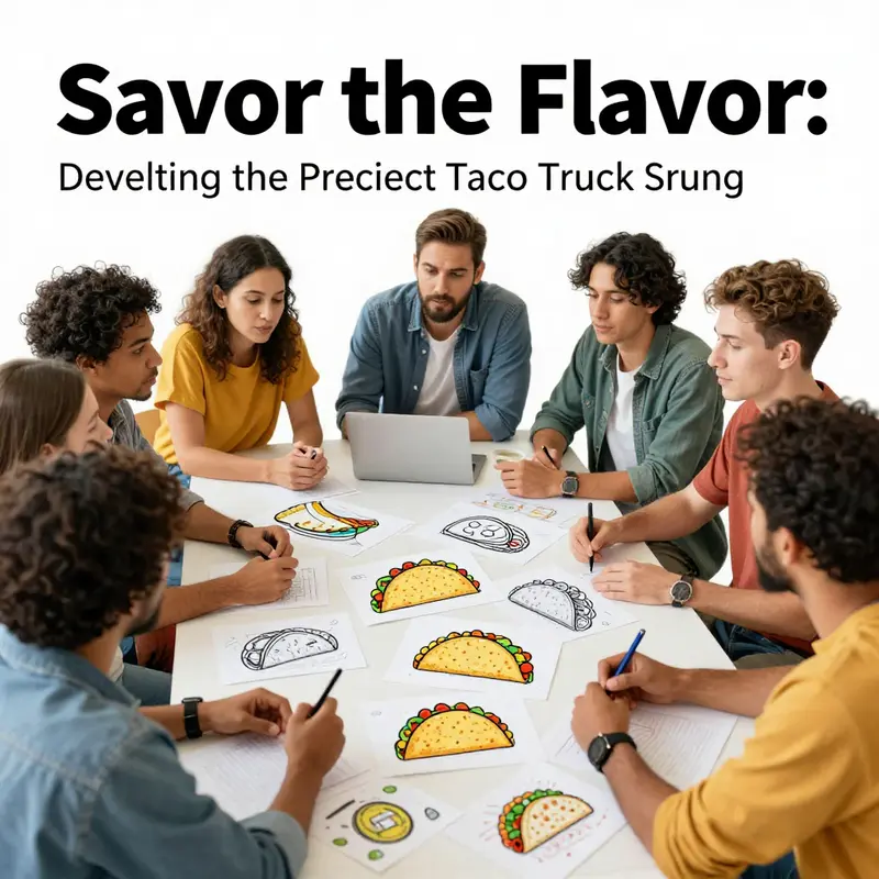 A brainstorming session dedicated to developing a catchy slogan for a taco truck.