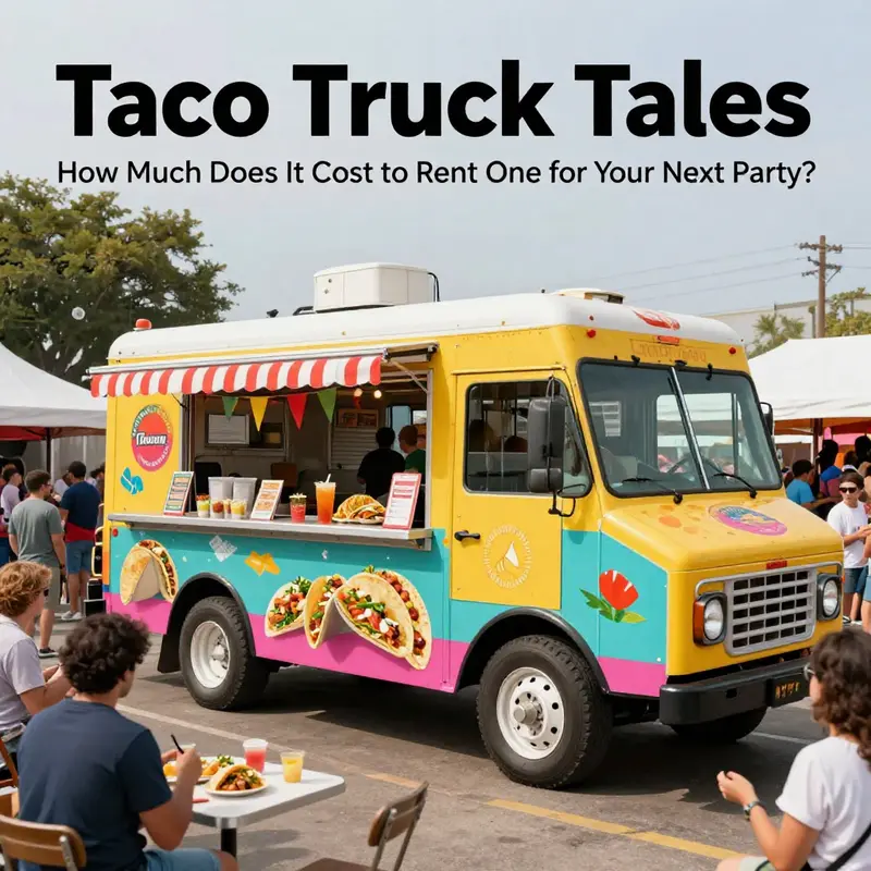 A busy taco truck serving joyful party guests, illustrating the lively atmosphere and initial cost considerations.