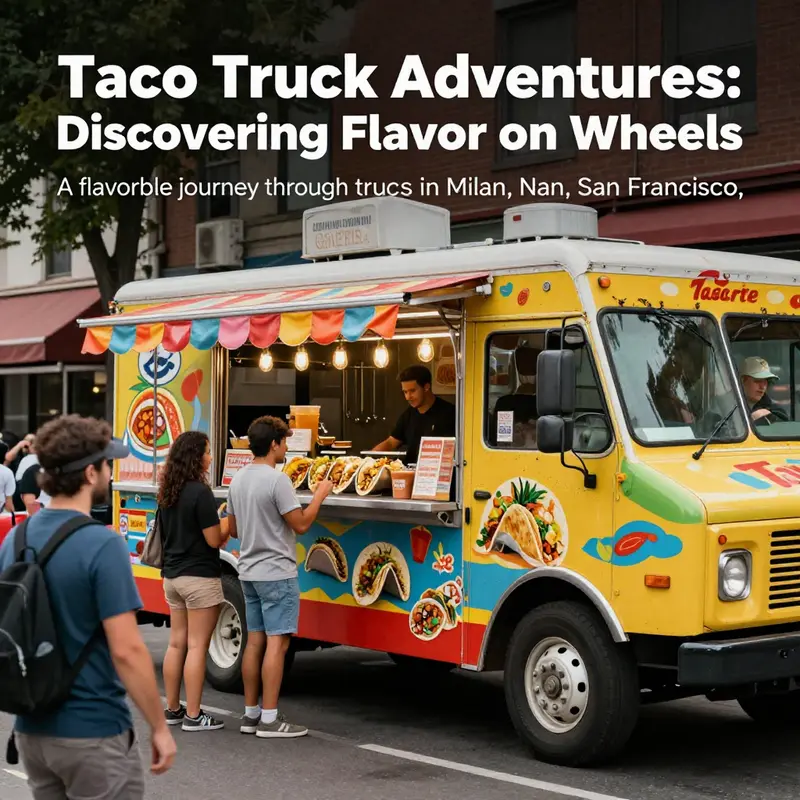 A colorful taco truck surrounded by happy customers enjoying delicious street food.