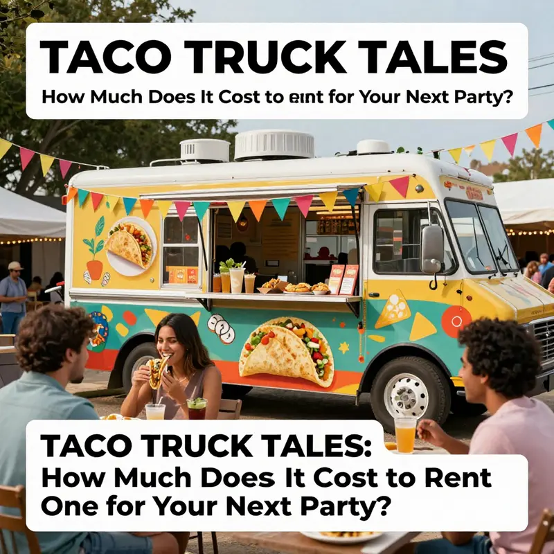 A taco truck at a festive outdoor event with happy guests savoring delicious tacos and enjoying the atmosphere.
