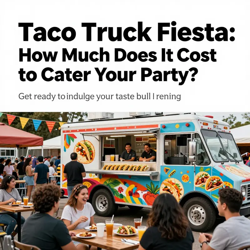 Guests enjoying tacos from a taco truck at a festive outdoor event surrounded by happy faces.