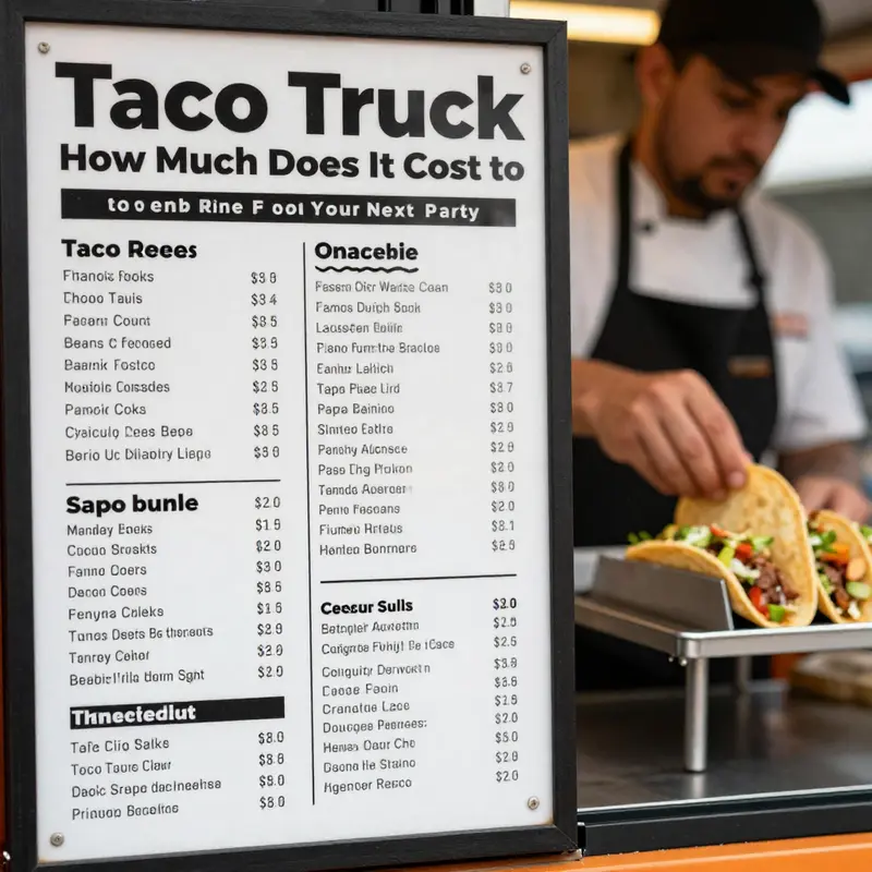 A busy taco truck serving joyful party guests, illustrating the lively atmosphere and initial cost considerations.
