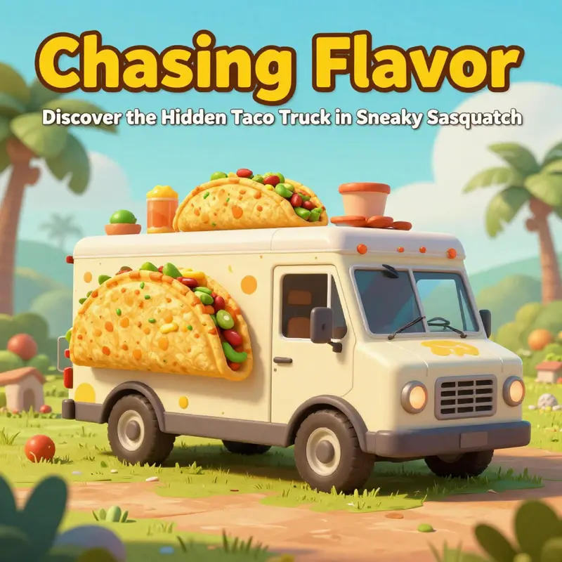 The bustling town square in Sneaky Sasquatch where players can discover the hidden Taco Truck.