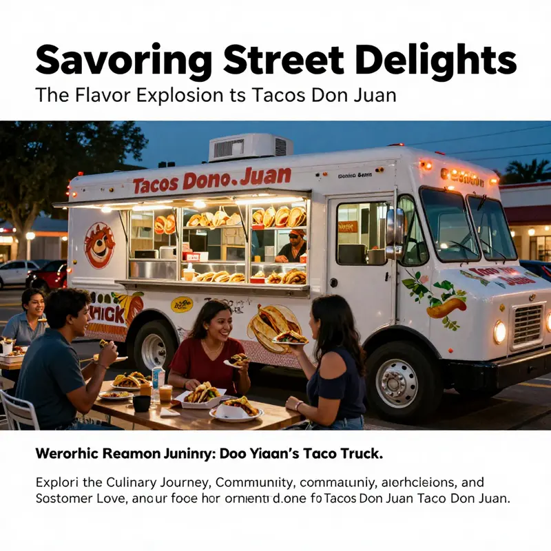 The Tacos Don Juan food truck illuminated at dusk, serving joyful customers in a lively setting.