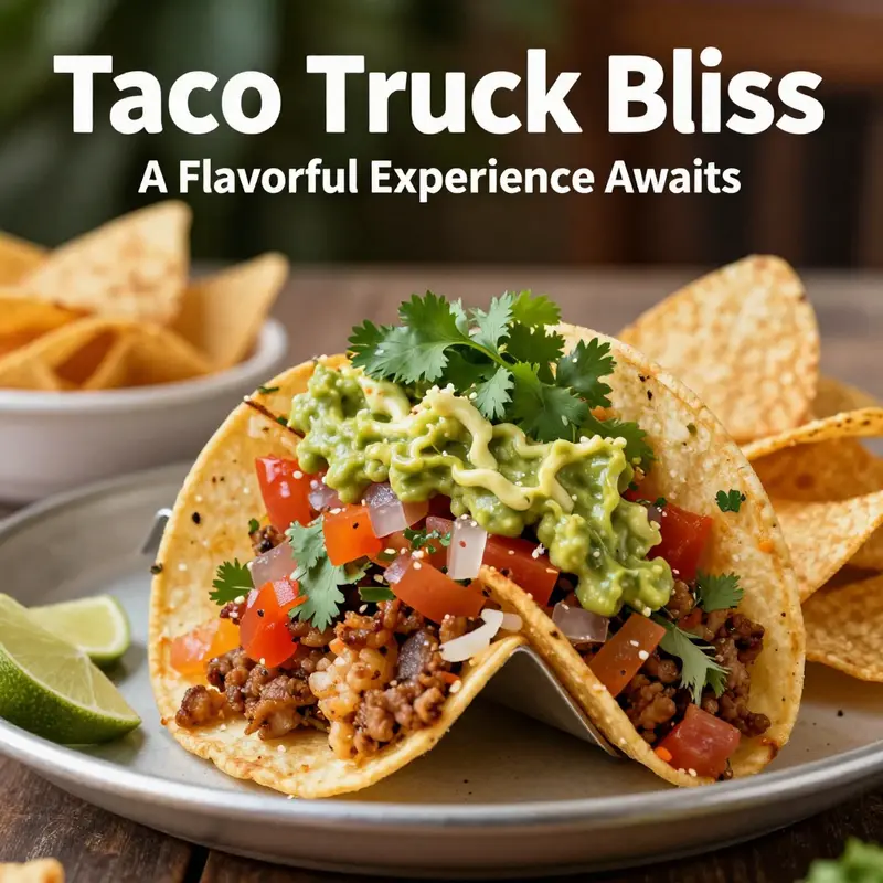 A vibrant taco truck with eager customers and a tempting menu showcases the excitement of ordering tacos.