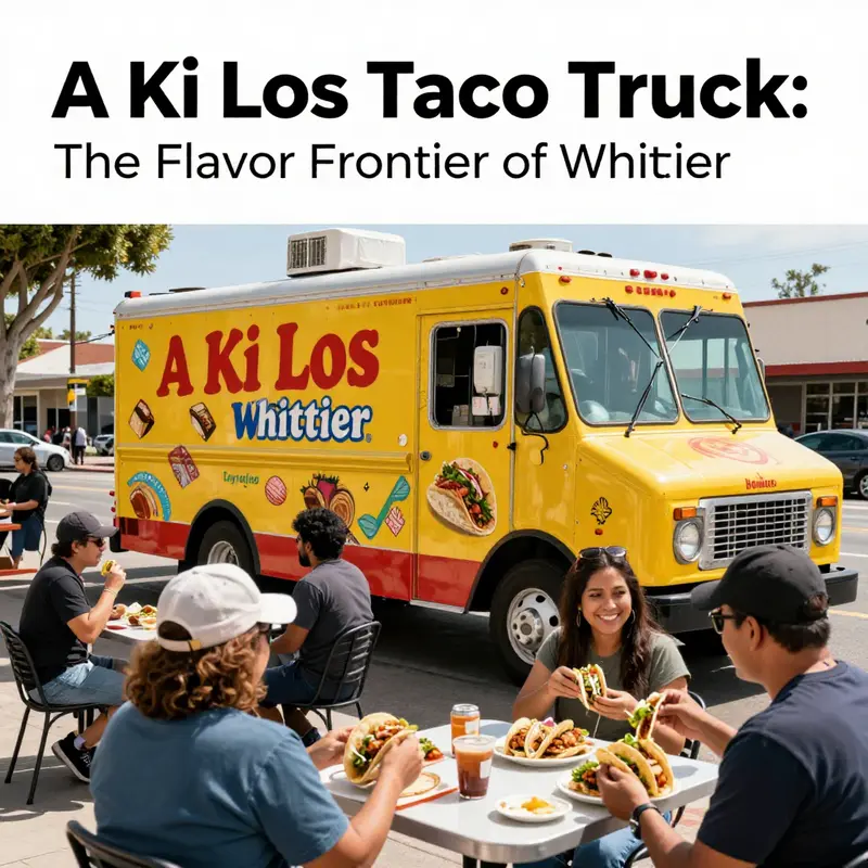 A bustling taco truck scene in Whittier with customers enjoying their meals, representing the essence of A Ki Los Taco Truck.