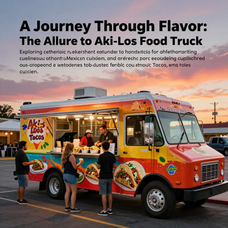 A rich sunset scene featuring Aki-Los Tacos Truck surrounded by happy customers enjoying authentic Mexican dishes.