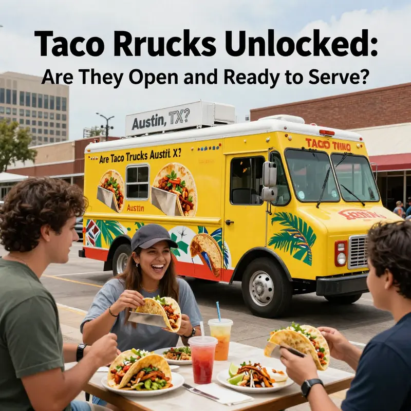 A lively taco truck in Austin, TX, bustling with customers ready to enjoy delicious tacos.