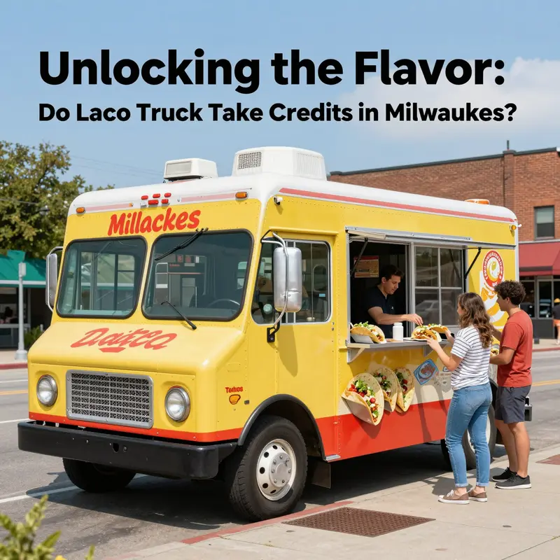 A colorful taco truck in Milwaukee surrounded by happy customers and the vibrant city atmosphere.