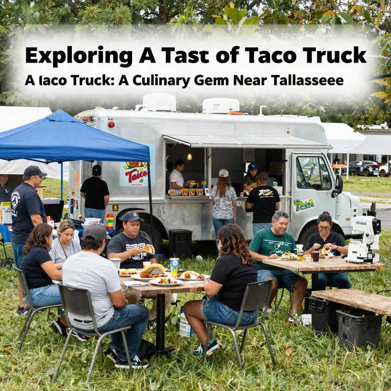A Taste of Mexico Taco Truck in Crawfordville, FL, showcases its colorful exterior and welcomes a stream of hungry patrons.